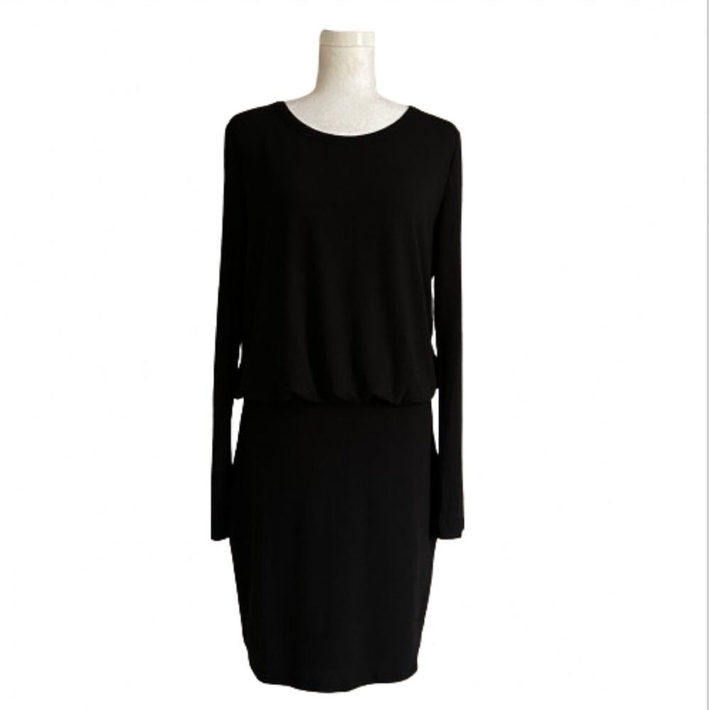 Mittoshop Dress Black Jersey Round Neck Long Sleeve Blouson Waist Large NEW